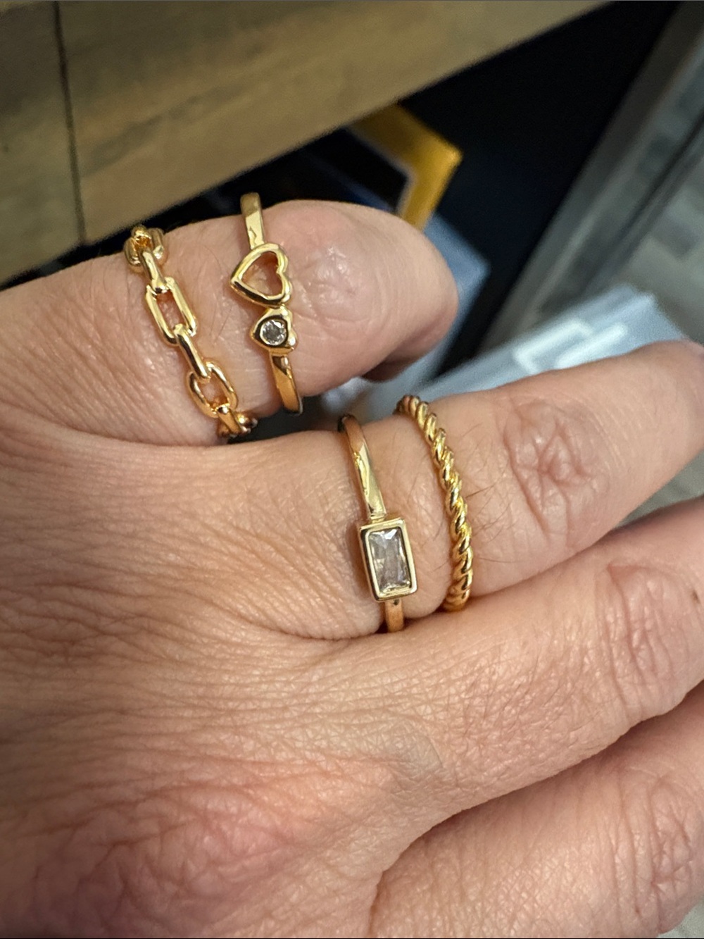 Source Unknown Gold Tone Stackable Heart, Baguette & Twisted Ring Set